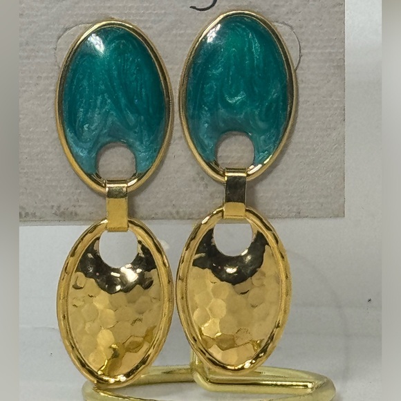 Vintage Lilly’s Green & Gold Enamel Geometric Double Oval Dangle Earrings - Picture 3 of 8